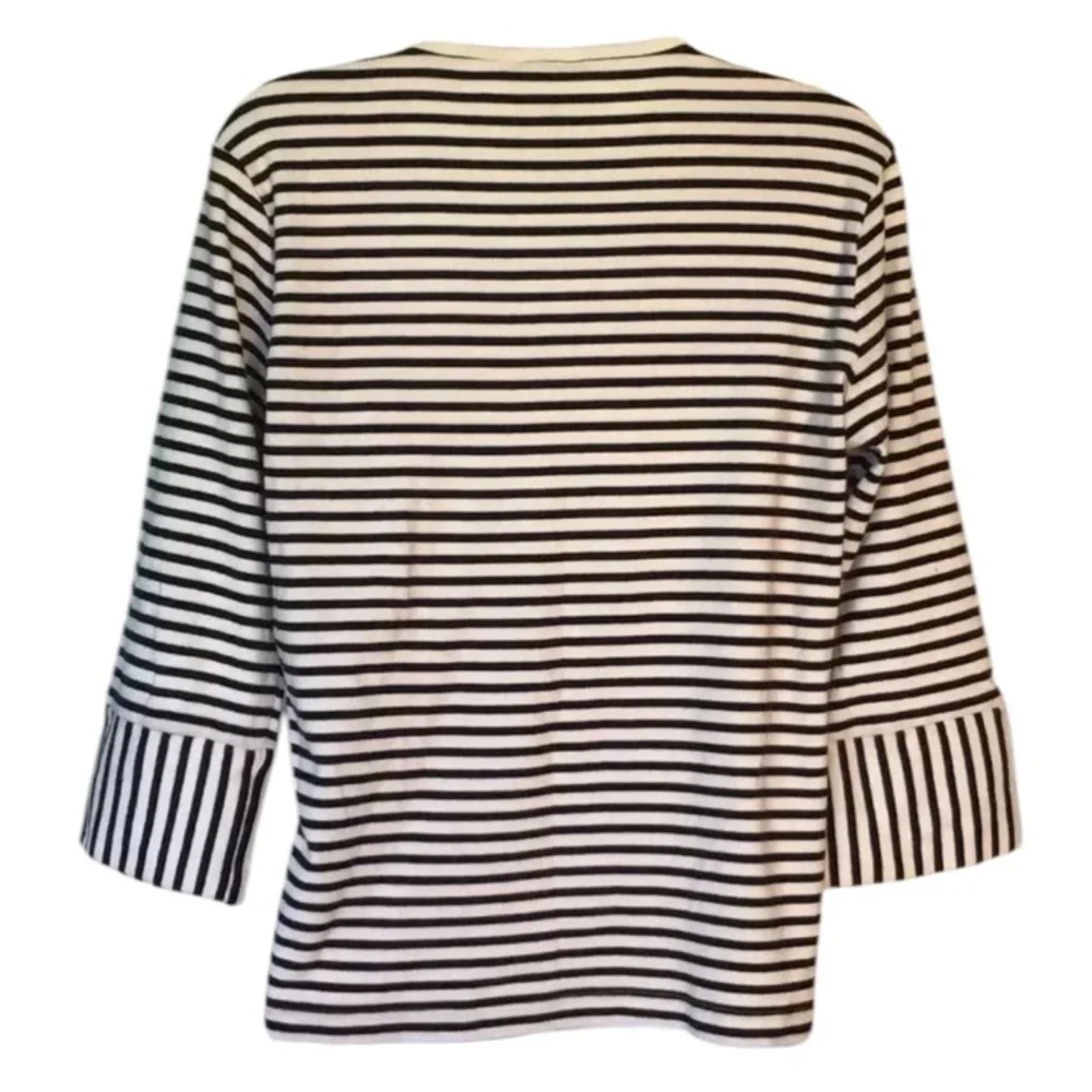White + Warren striped v neck cotton top 3/4 sleeves nautical preppy Size L